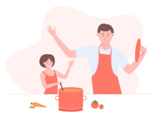 Dad and daughter cook together. Family in the kitchen spends time. Cook soup, culinary skills, teaching children. Bright fun vector illustration.